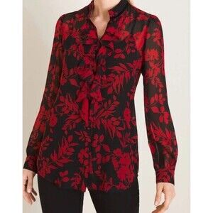 Chico's Women's Floral-print Ruffle-Front Blouse, Black/Red Size 8/10